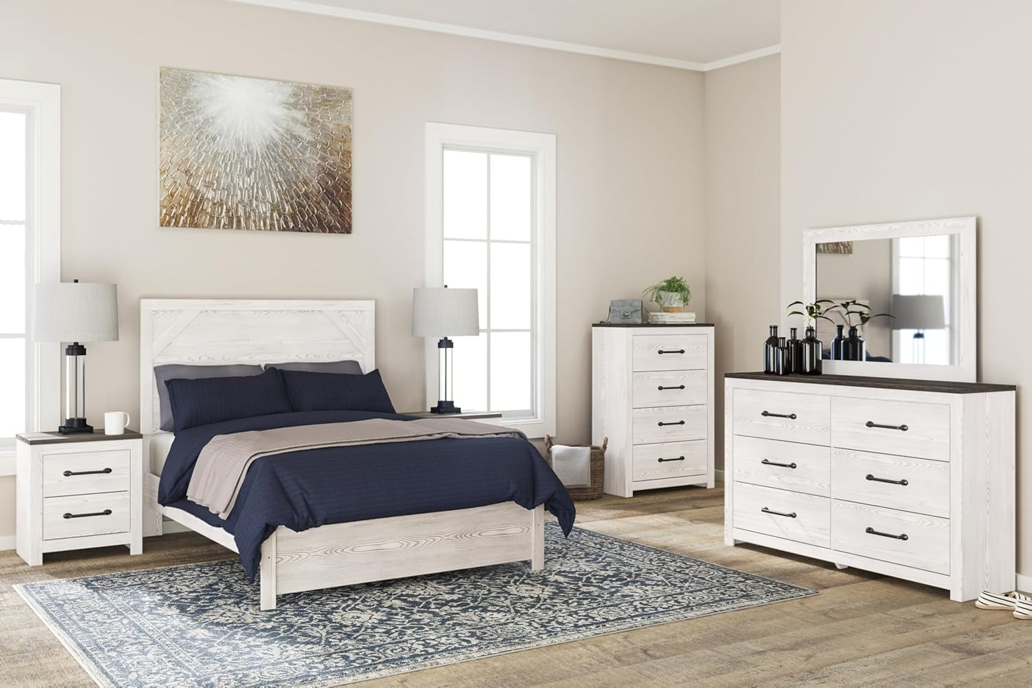 Gerridan Farmhouse Full Panel Bed in White & Light Gray – No Box Spring Needed