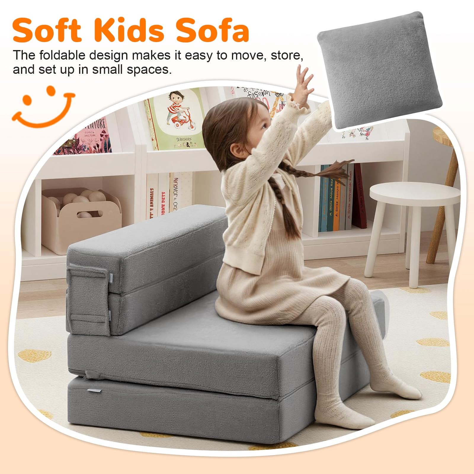 Foldable Futon Chair Bed for Kids, Grey Tri-fold Convertible Toddler Sofa Mat…
