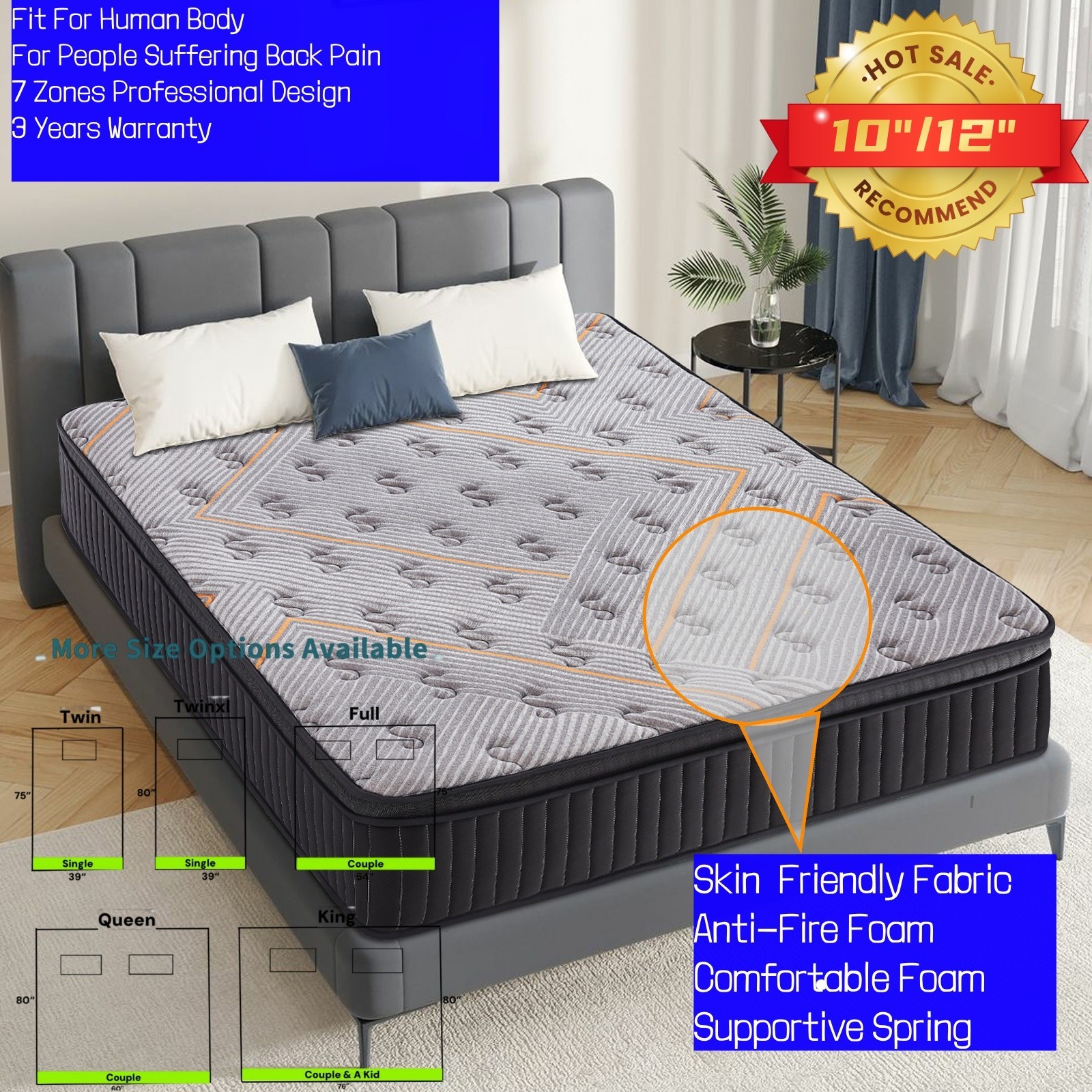 10″ 12″Gel Memory Foam and Innerspring Hybrid Mattress in a Box for Silent Sleep