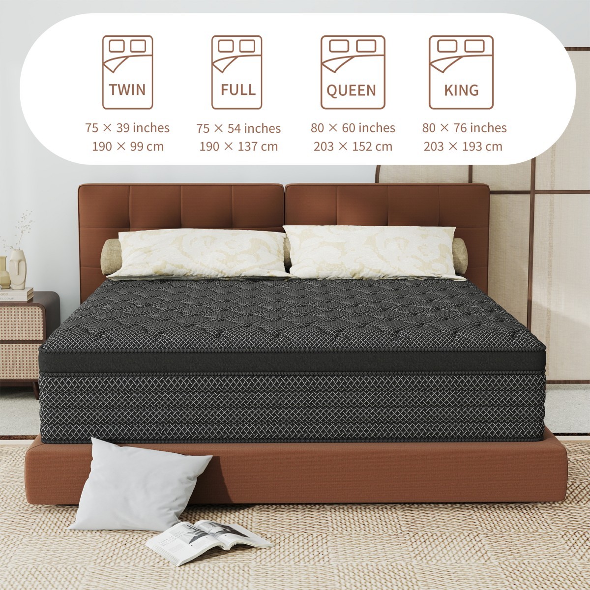 12″/14″ Black Mattress Gel Memory Foam Springs Twin Full Queen King Bed In a Box