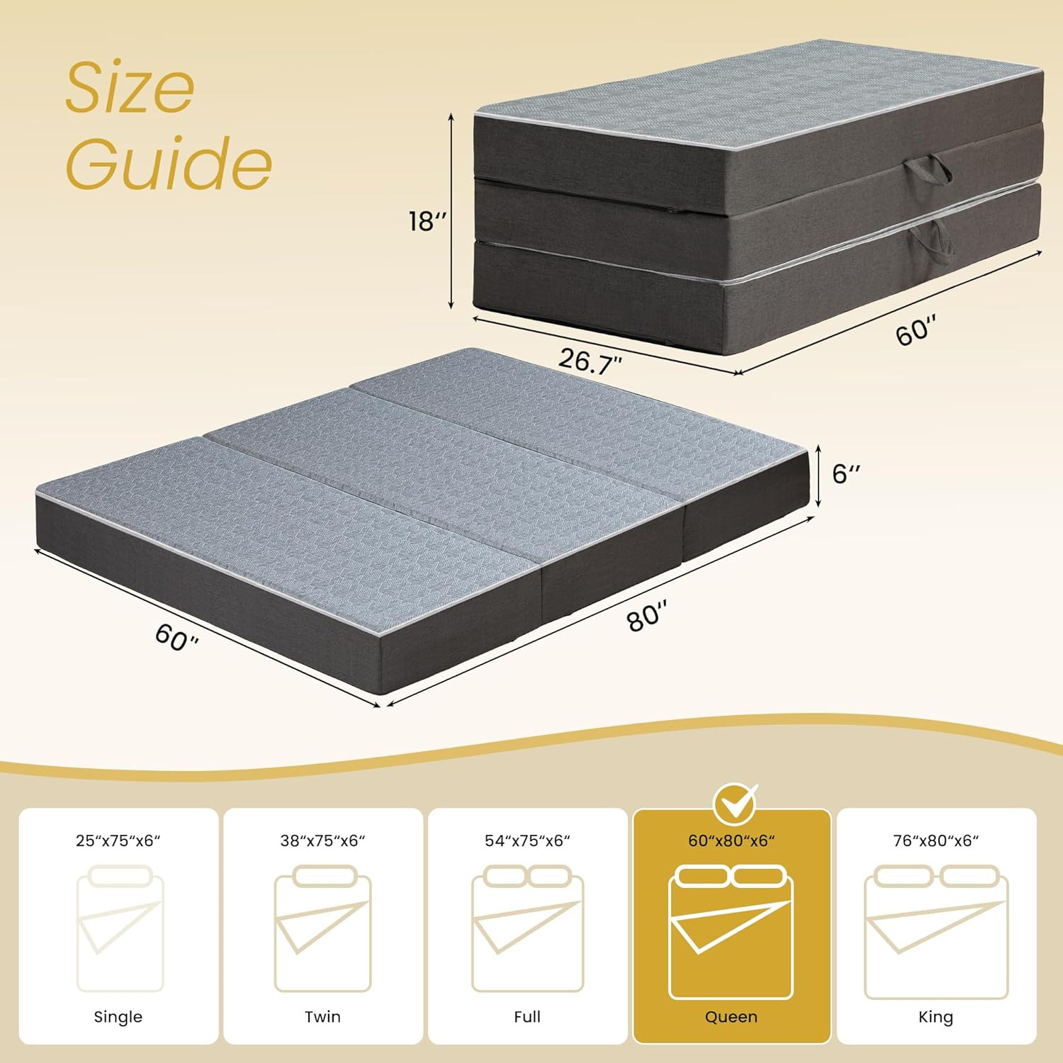 Queen Size Tri-Fold Memory Foam Mattress – 6 Inch Portable Folding Bed
