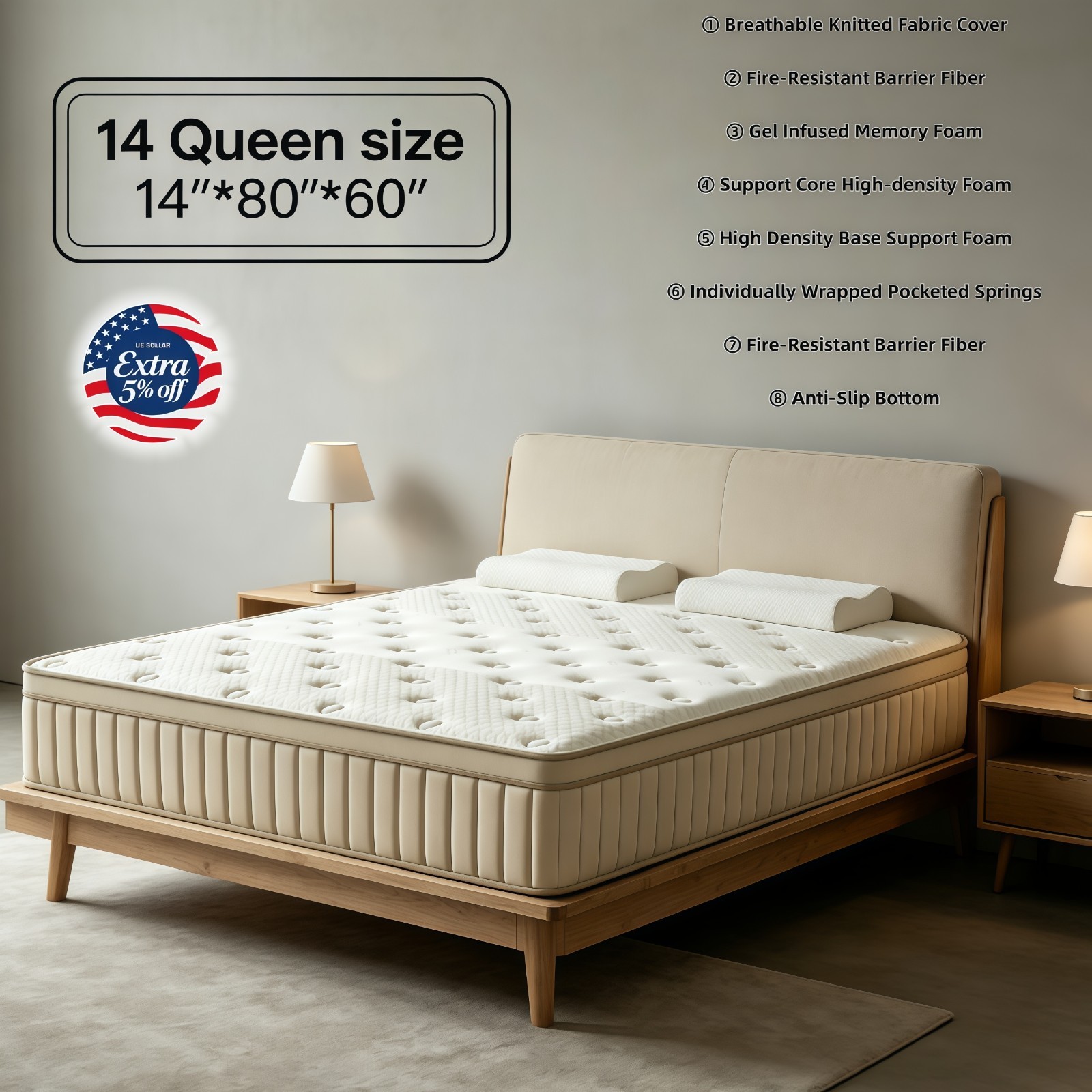 14” Queen Hybrid Mattress Cooling Gel Memory Foam Pocket Spring Bed Box Beige