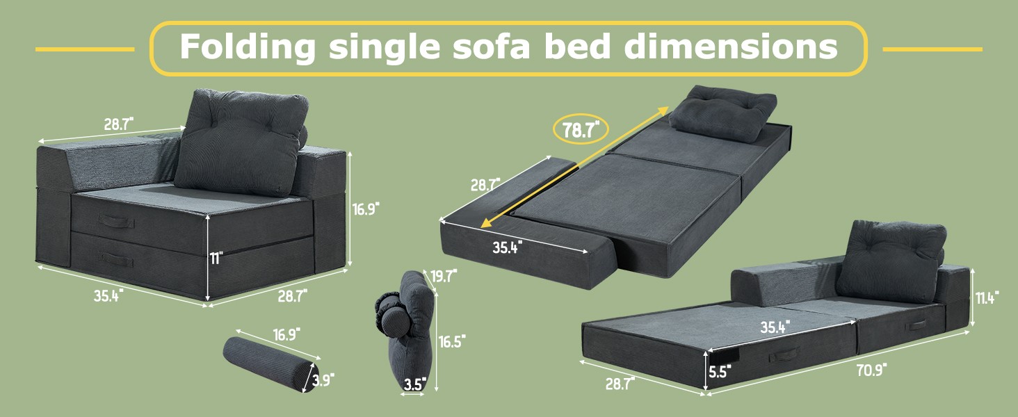 Folding Sofa Bed, 4 in 1 Convertible Sleeper Chair with Pillow, Standard