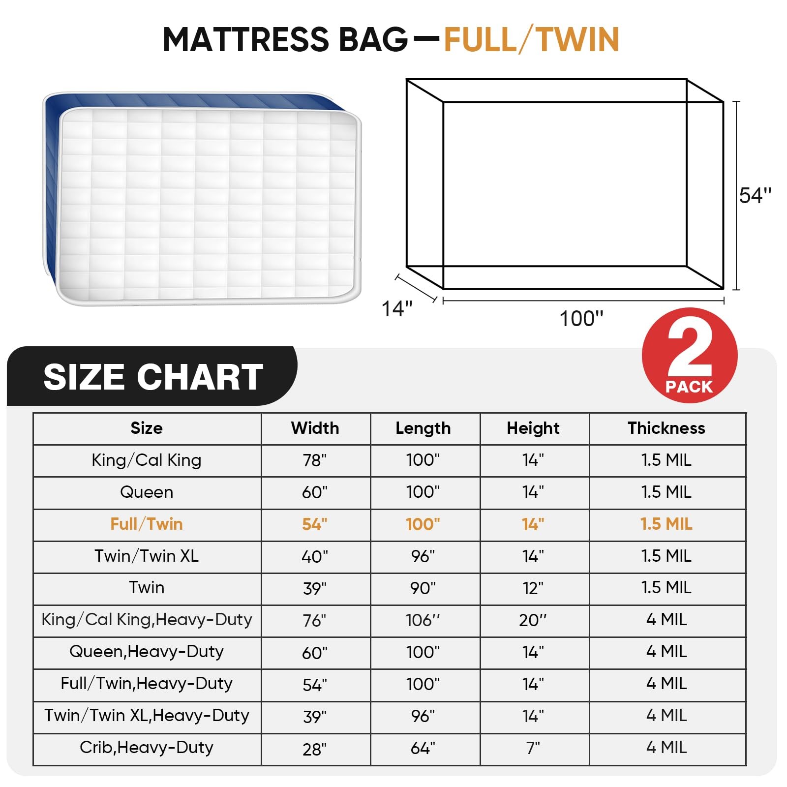 PROWEE 2 PK Twin/Full Mattress Bags for Moving Full/Twin XL,2 Pack, Clear