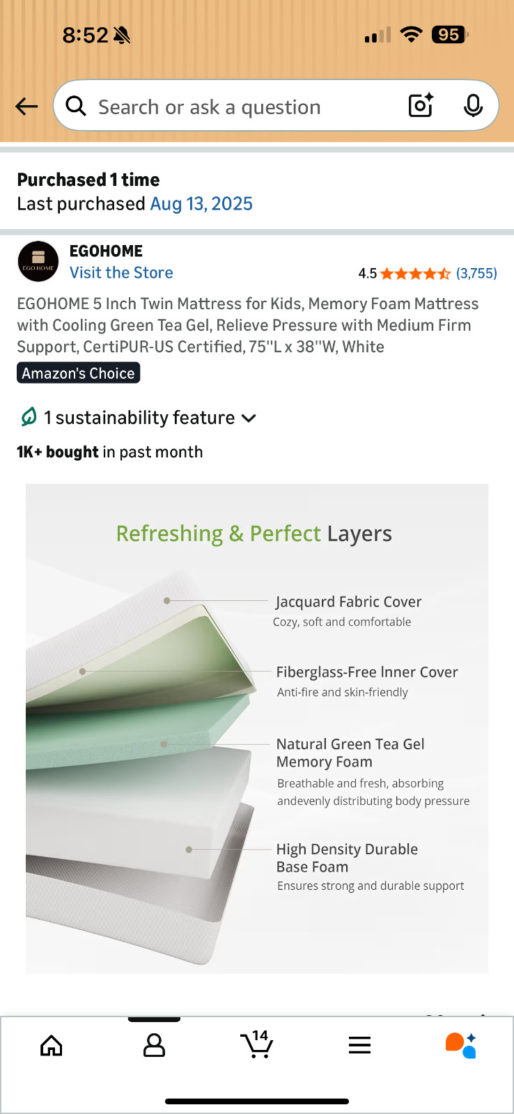 5 Inch Twin Mattress for Kids, Memory Foam Mattress with Cooling Green Tea Ge…