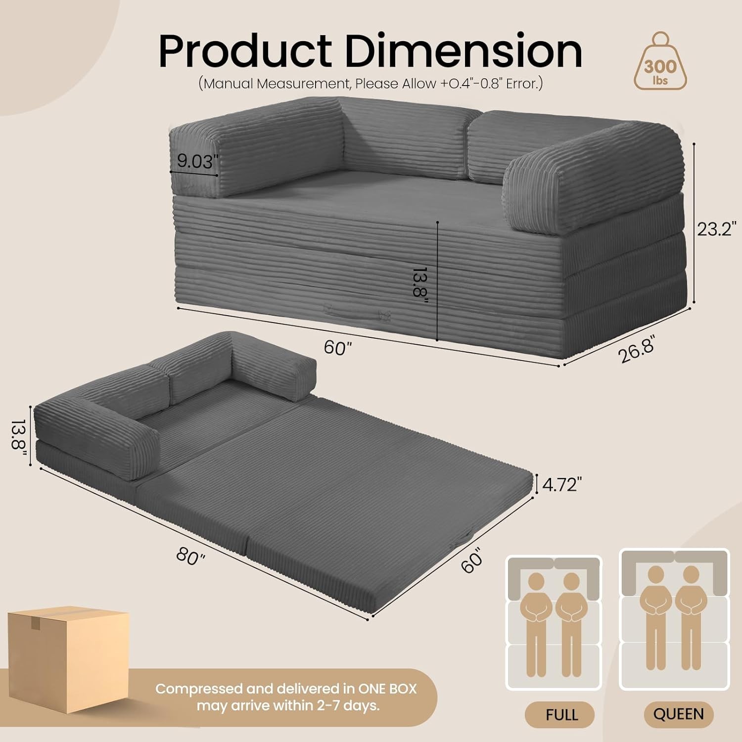 Tri-Fold Foldable Mattress Convertible Folding Sofa Bed W/ Removable Arms &