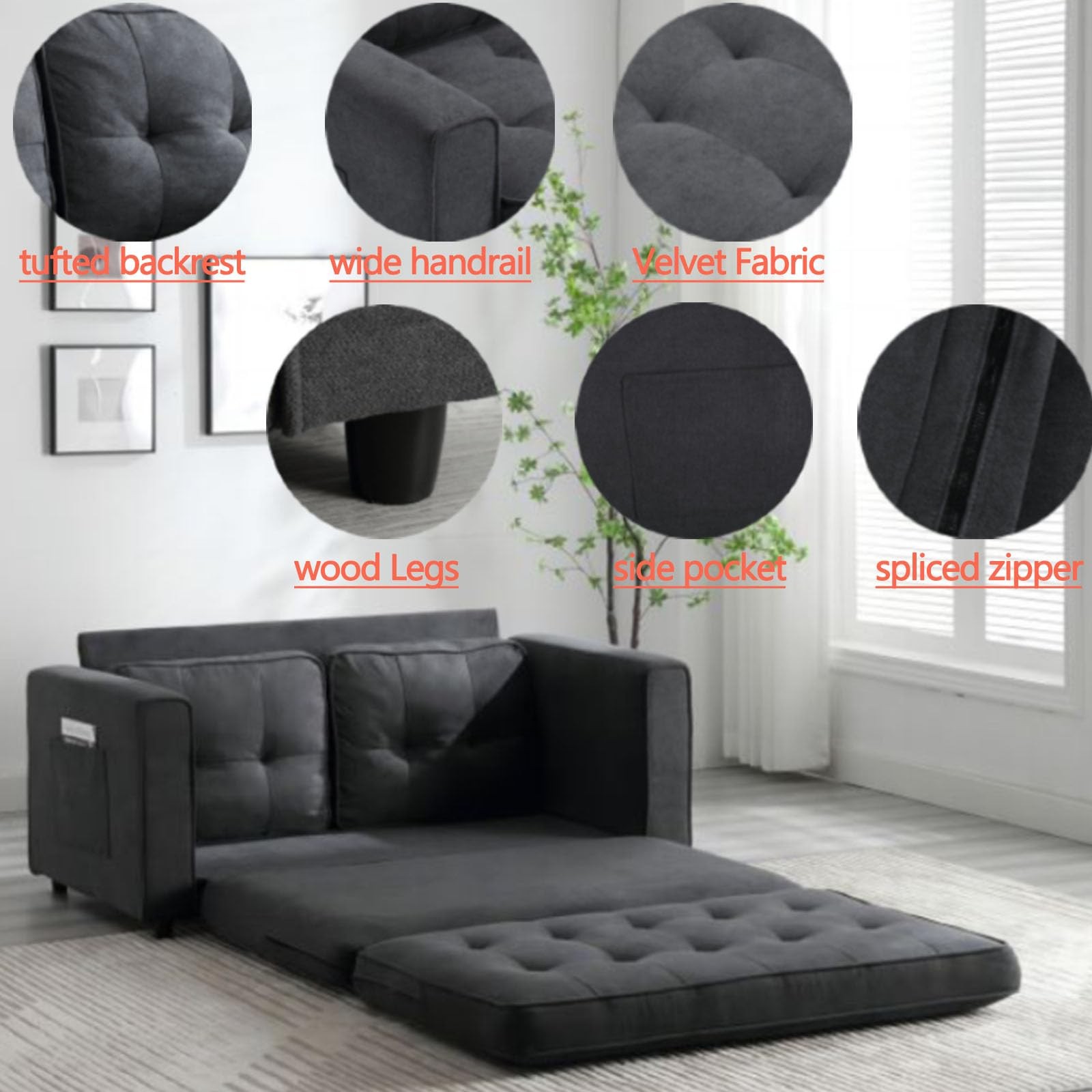 MWrouqfur Folding Futon Sleeper Sofa with Pull Out Couch Bed,Modern Black