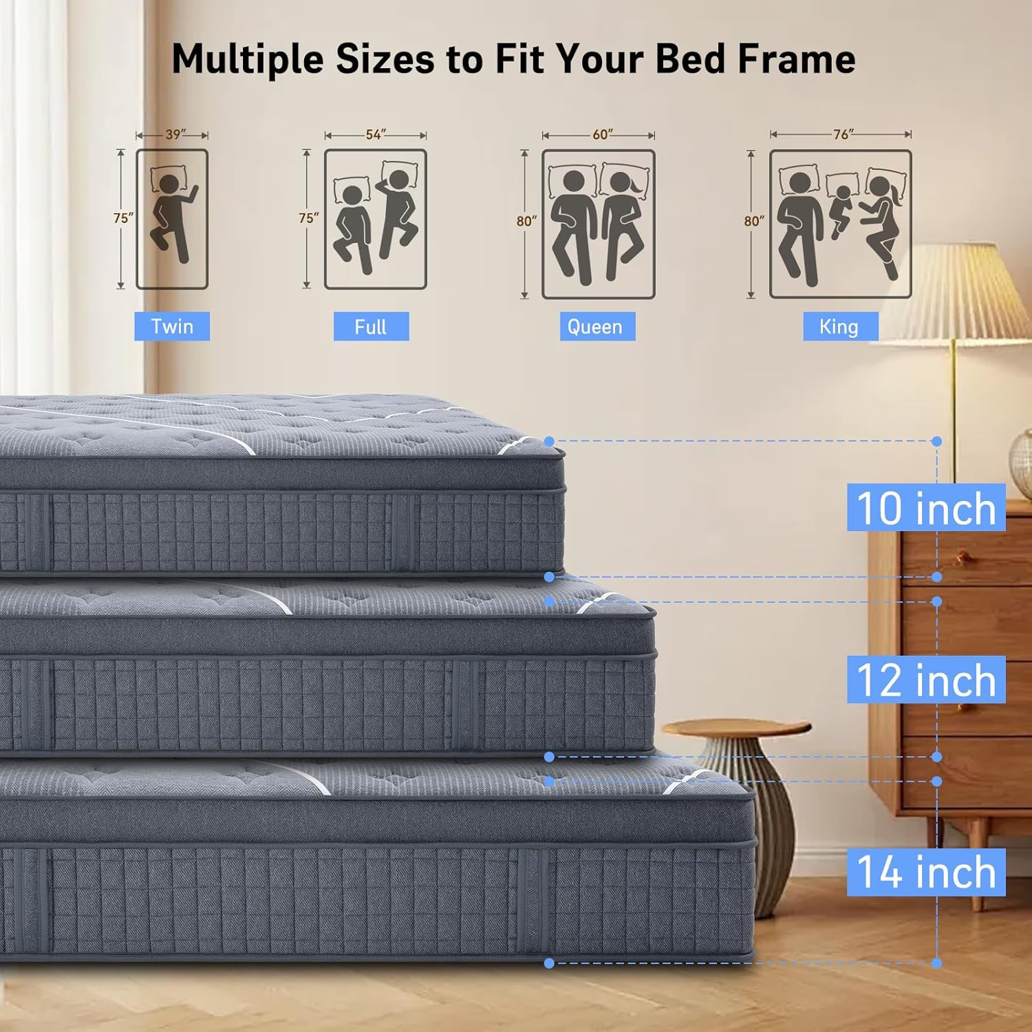 Full Size 12″ Hybrid Mattress Memory Foam Pocket Spring Medium Firm