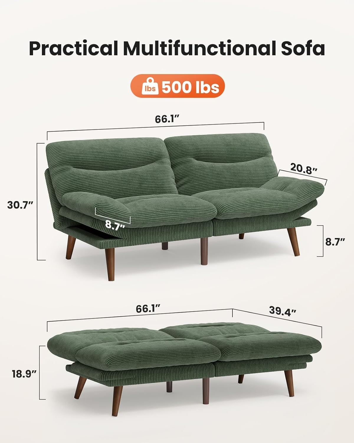 66″Futon Sofa Bed,3-in-1 Futon Couch w/Adjustable Barest & Armrests,