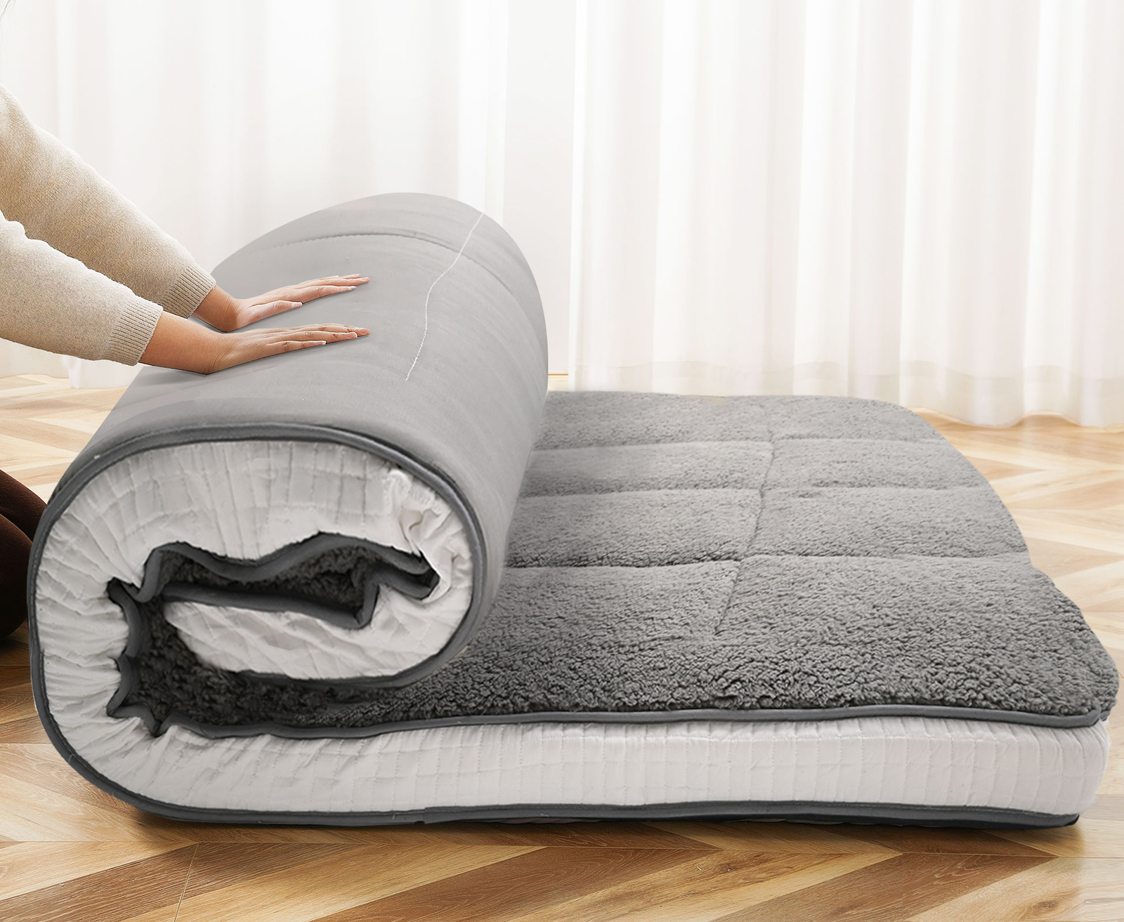 MOPHOTO Japanese Mattress Futon Mattress Foldable Sherpa Fleece Mattress Topper